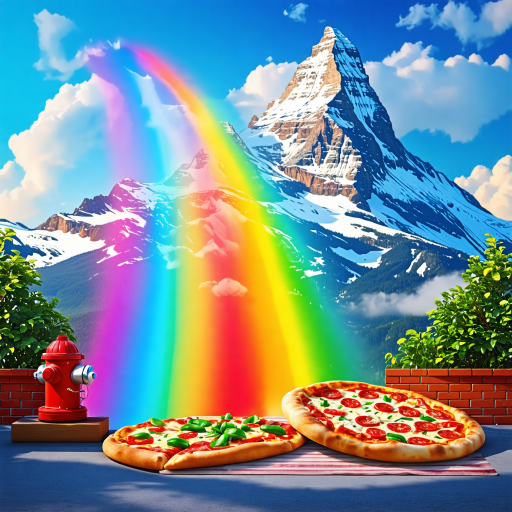 mountain, rainbow, brick, pizza, fire hydrant